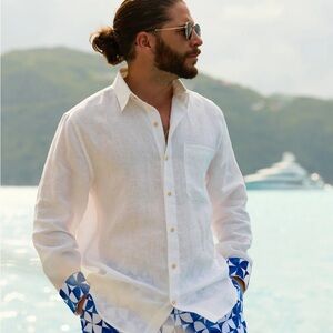 Kenny Flowers White Linen Shirt with Blue Cuffs